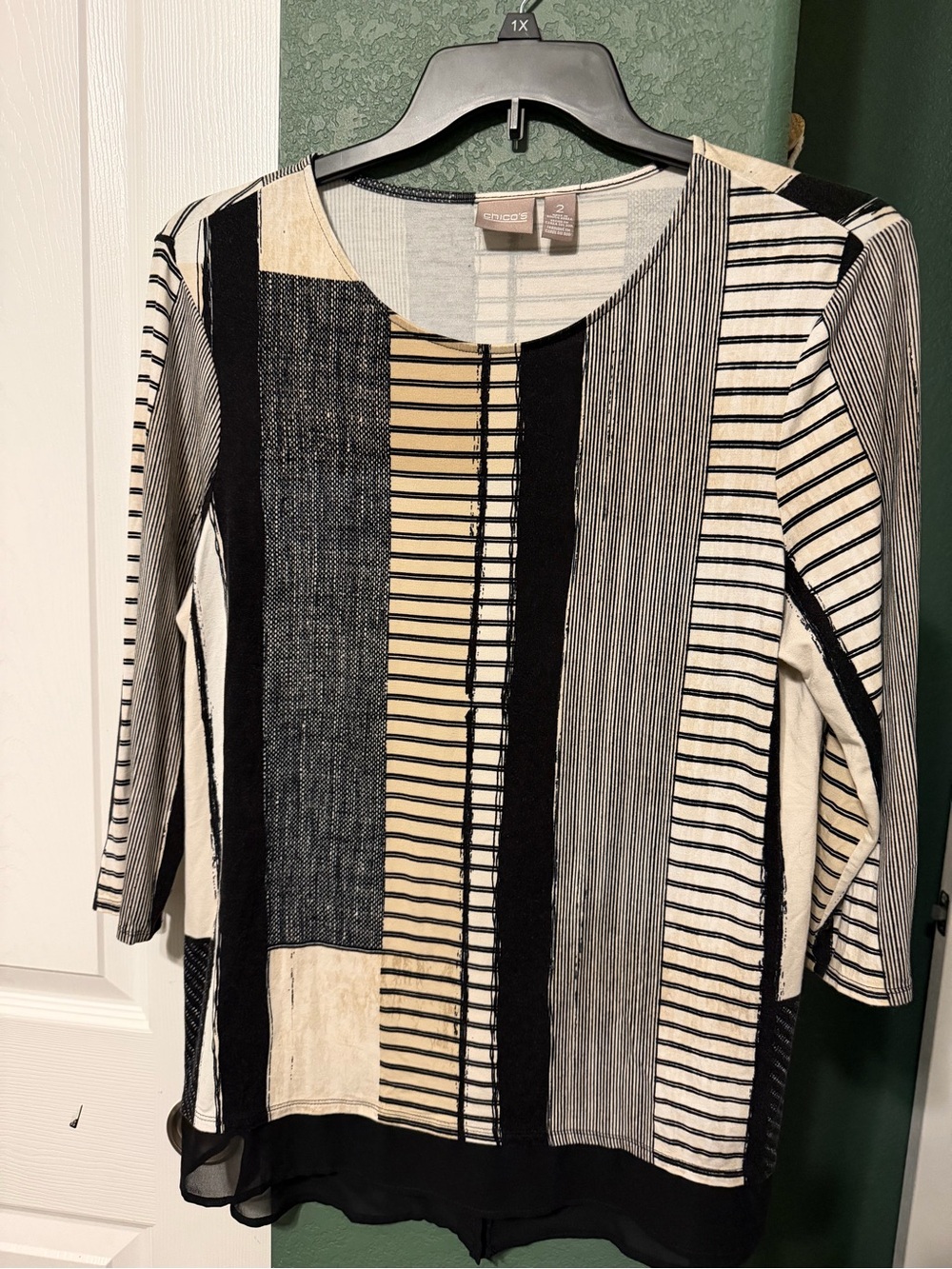 Chico's Black, Beige & Cream Striped Mixed-Panel Long Sleeve Top
